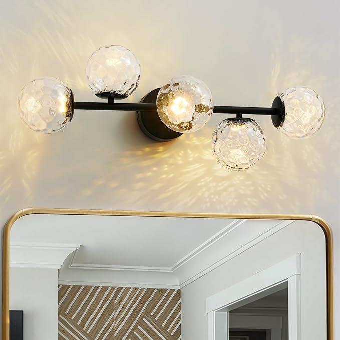 LED Bathroom Vanity Light Fixtures,Modern Black Makeup Bathroom Lighting | 5 Lights Hammered Clear Globe Glass Wall Sconce,Dimmable Mid Century Modern Bubble Glass Bathroom Vanity Lights over Mirror