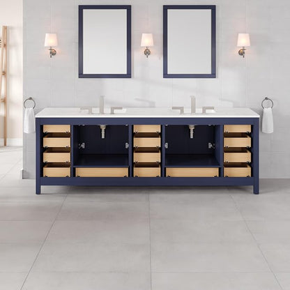 Aberdeen 96 in. Blue Double Sink Bath Vanity with Carrara Quartz Top and Undermount Porcelain Sinks