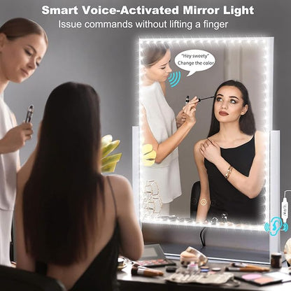 13ft/4M Voice-Activated Led Vanity Mirror Lights Kit Bendable NO Need to Cut Vanity Make-up Mirror Cloakroom Adjustable Flexible Strip Light Table Set with Dimmer Power