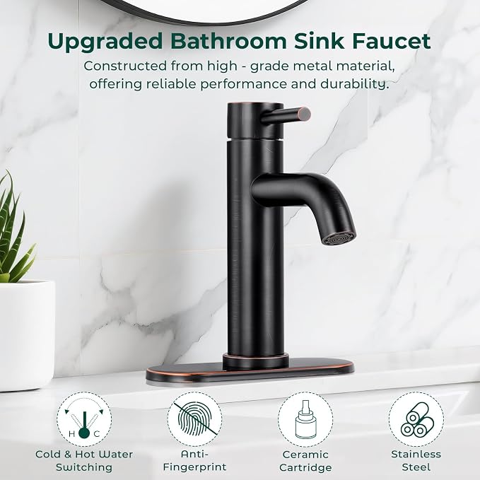 Bathroom Faucet, Single Handle Vanity Sink Faucet, Oil Rubbed Bronze | ORB, for 1/3-Hole, Stainless Steel, Ceramic Cartridge, Pop-Up Drain, Deck Plate, For Vanity Powder Laundry