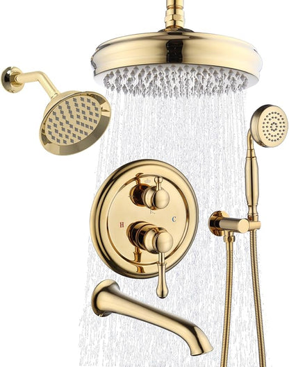 Enga Antique Shower Faucet Sets Dual Heads with Tub Spout 8" Ceiling & 6" Wall Mount Vintage Shower Head Handheld Spray Combo, 4 Way Diverter Brass with Trim Kit, Bright Gold