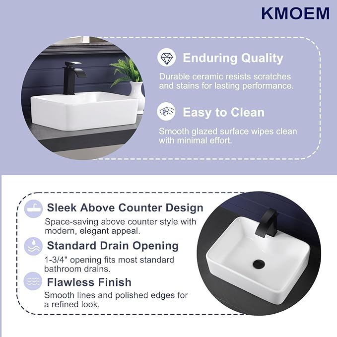Vessel Sink 19"x15" Rectangular Bathroom Sink Modern White Porcelain Ceramic Above Counter Drop-in Vanity Sink for Bathrooms Art Basin with Faucet Hole