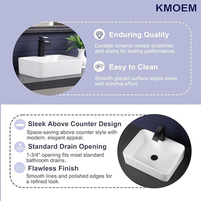 Vessel Sink 19"x15" Rectangular Bathroom Sink Modern White Porcelain Ceramic Above Counter Drop-in Vanity Sink for Bathrooms Art Basin with Faucet Hole