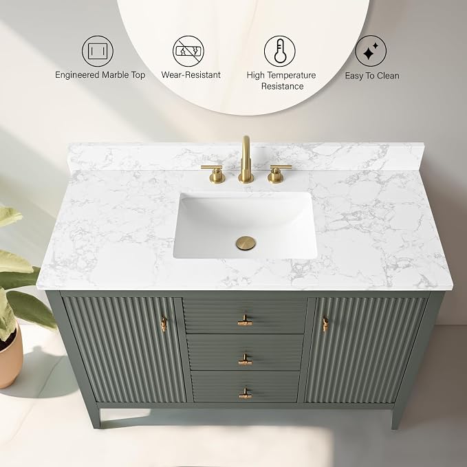 Vanity Art 48 inch Bathroom Vanity with Single Sink & Ceramic Top, Vanity Cabinet with Soft-Closing Door, Solid Wood Frame, Linear Pattern, Vintage Green, Golden Brushed Handware VA9148-VG-GB