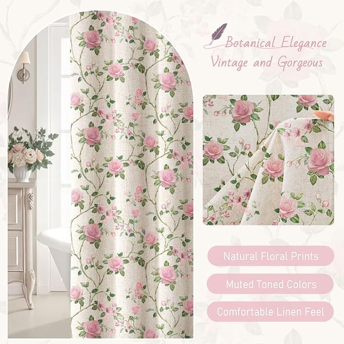 Pink and Sage Green Floral Linen Shower Curtain,Vintage Cottage core Shower Curtains for Bathroom,72Wx72H