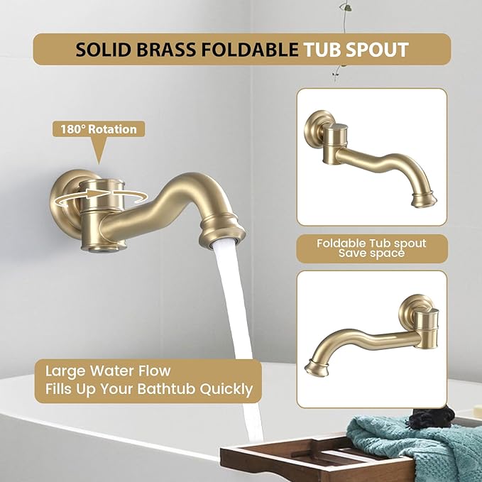 Rainfall Shower System with Handheld Sprayer,Brushed Gold Antique Shower Faucet Sets,Shower Fixture Combo with Brass Pressure Balance Valve,Complete Shower System Kit with Foldable Tub Spout