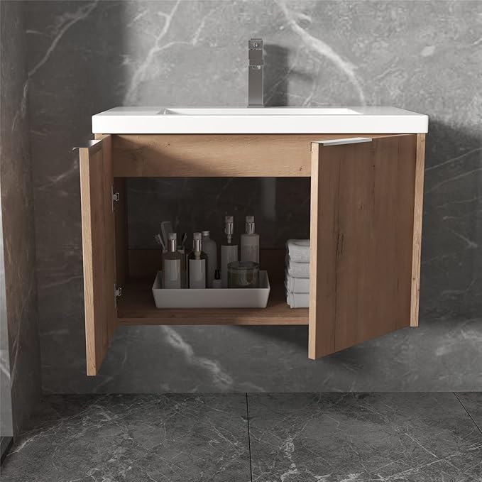 SSLine Wall Mounted Bathroom Vanity with Sink Combo Modern 30-Inch Single Bathroom Vanity Set with Top Basin &Storage Cabinet Wood Hanging Bath Cabinet w/Resin Sink for Small Space(Brown)