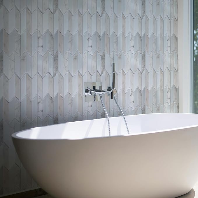 Art3d 11x12 inch White Marble Glass Mosaic Tile, Mesh-Mounted (4 sq.ft/Box) for Kitchen Backsplash, Bathroom, Shower Wall, 5 Pieces