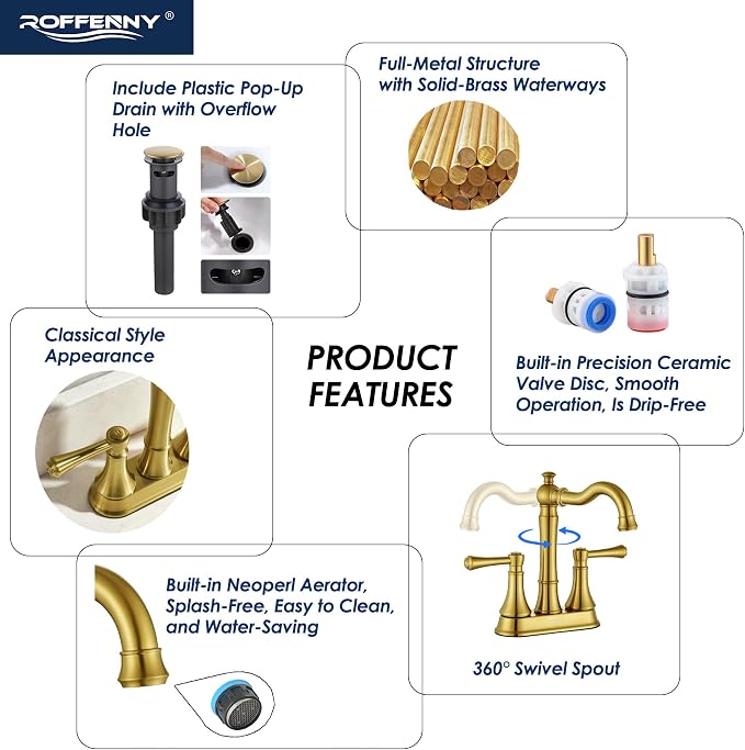 4" Centerset Brushed Gold Bathroom Faucets for 2/3-Hole Sinks | Includes Plastic Pop-Up Drain, Classic 4" Center Set Lavatory/Bath Vanity Faucets, 2-Handle High Arc 360° Swivel Brass Spout