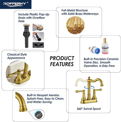 4" Centerset Brushed Gold Bathroom Faucets for 2/3-Hole Sinks | Includes Plastic Pop-Up Drain, Classic 4" Center Set Lavatory/Bath Vanity Faucets, 2-Handle High Arc 360° Swivel Brass Spout