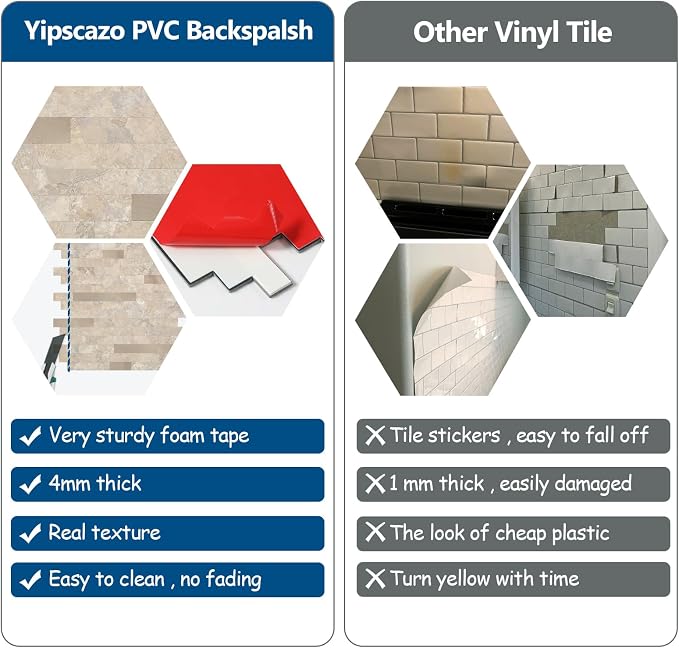 Yipscazo 10 Sheets Peel and Stick Stone Metal Tile Backsplash, Stick on Tiles for Backsplash Kitchen, Bathroom, Laundry Room, Camper, Fireplace (12'' X 12'', Beige Stone with Gold Metal)