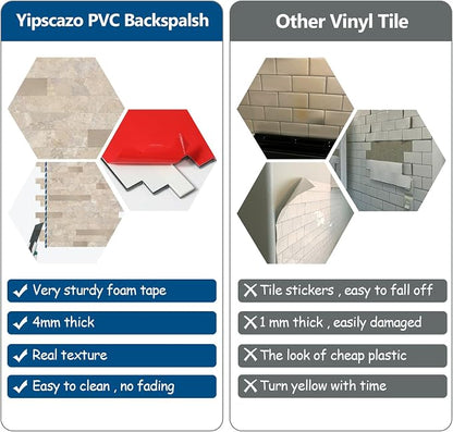 Yipscazo 10 Sheets Peel and Stick Stone Metal Tile Backsplash, Stick on Tiles for Backsplash Kitchen, Bathroom, Laundry Room, Camper, Fireplace (12'' X 12'', Beige Stone with Gold Metal)