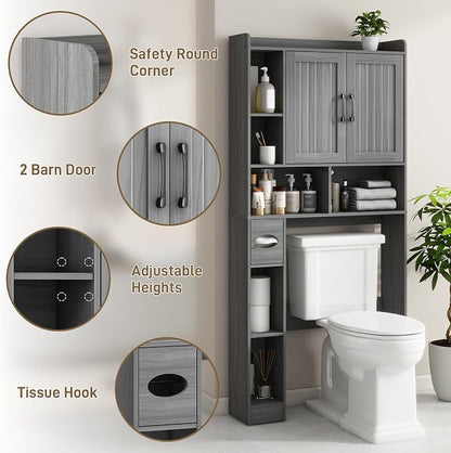 Vabches Farmhouse Over The Toilet Storage Cabinet with Barn Door, Wash Grey | Storage Cabinet Over Toilet, Home Space-Saving Toilet Rack, for Bathroom, Restroom, Laundry