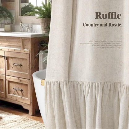 Farmhouse Shower Curtain Ruffle Linen Flax Ivory White 72"W x 84"L | Linen Fabric, Farmhouse Boho, Bottom Ruffle, Rustic, Country, Natural Look, Washable, Shower Curtain for Bathroom Bathtub
