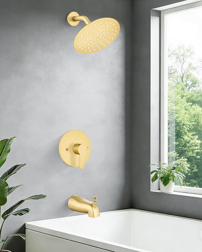 Airuida Shower Faucet Set with Tub Spout,8" Bathtub Faucet-Brushed Gold | Male Threads Rough-In Valve,Round Head Shower System,Tub and Shower Kit Set