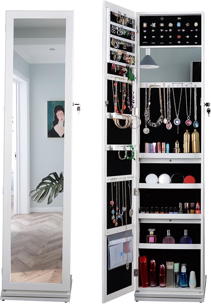 360° Swivel Jewelry Armoire with Full-Length Mirror, Lockable Standing Jewelry Organizer Cabinet with Interior Mirror & Rear Storage Shelves, 65" Floor Mirror Jewelry Storage (White)