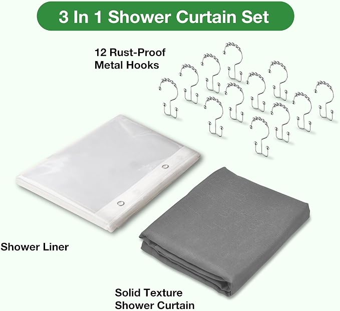 3 in 1 Shower Curtain Set, 72x84 Grey Shower Curtain and Liner with 12 Double Sided Shower Curtain Hooks, Cloth Shower Curtains for Bathroom,Waterproof