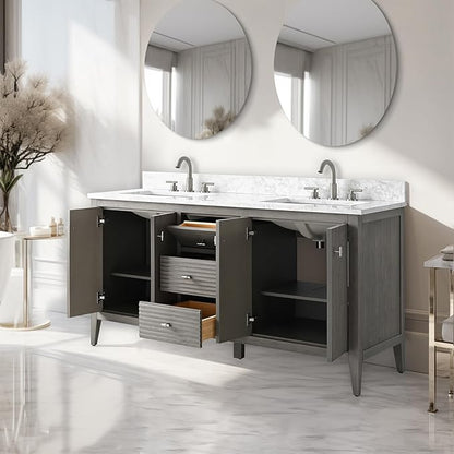 Vanity Art 60 inch Bathroom Vanity with Double Sink & Ceramic Top, Vanity Cabinet with Soft-Closing Door, Solid Wood Frame, Linear Pattern, Driftwood Gray, Golden Brushed Handware VA91360-DDG-GB