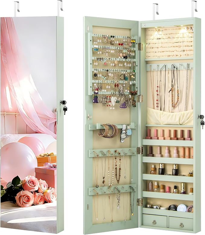NAFORT 2 LEDs Mirror Jewelry Organizer, 47.5-Inch Borderless Full Length Mirror Jewelry Armoire, Lockable Wall Mounted Jewelry Cabinet, Jewelr Storage Box for Valentine’s Day Gift, Laurel Green