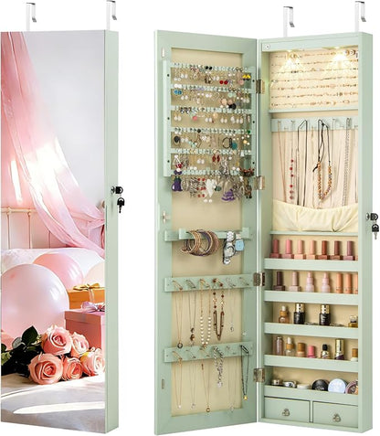 NAFORT 2 LEDs Mirror Jewelry Organizer, 47.5-Inch Borderless Full Length Mirror Jewelry Armoire, Lockable Wall Mounted Jewelry Cabinet, Jewelr Storage Box for Valentine’s Day Gift, Laurel Green
