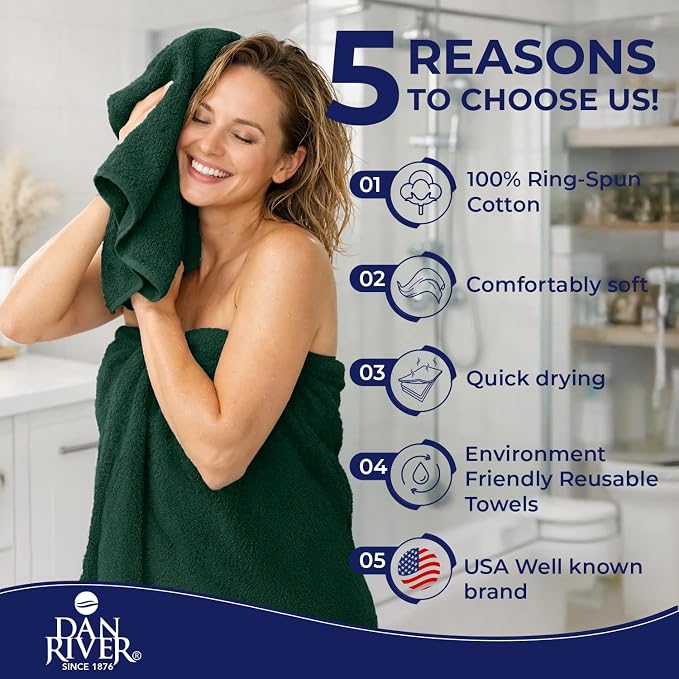 DAN RIVER 8 Piece Luxury Bath Towels for Bathroom, Towel Set, Hunter Green | 2 Bath towels, 2 Hand towels, and 4 Wash Cloths, 600 GSM 100% Ring Spun Cotton, Highly Absorbent, Gym, Hotel, guest, and Spa