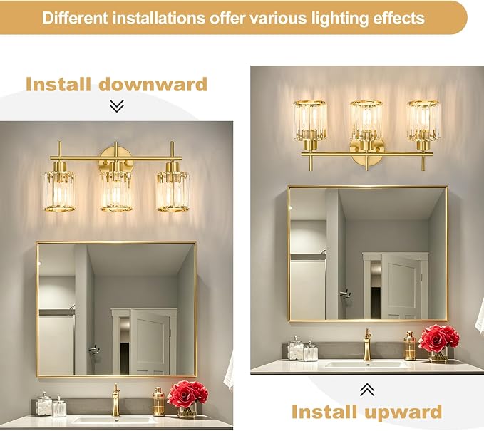 Brushed Gold Bathroom Light Fixtures, Round, 3-Light | Vanity Lights with Crystal Shades, Modern Bathroom Lighting Fixtures over Mirror (Bulbs Not Included, E26)