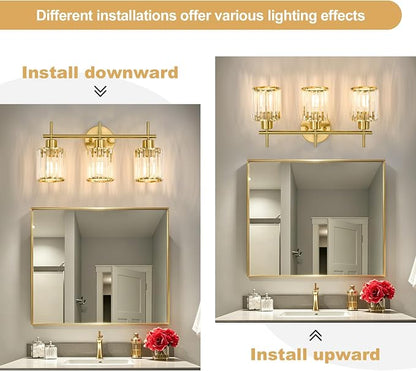Brushed Gold Bathroom Light Fixtures, Round, 3-Light | Vanity Lights with Crystal Shades, Modern Bathroom Lighting Fixtures over Mirror (Bulbs Not Included, E26)