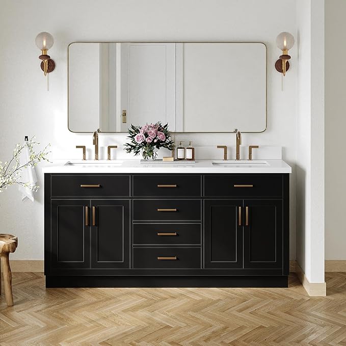 DKB Isabella 72 Inch Bathroom Vanity Double Sink — Black Bathroom Vanity with Sink, 1.5" Edge Pure White Quartz Countertop, 4 Soft-Close Doors, 4 Dovetail Drawers, and 2 Tilt Drawers