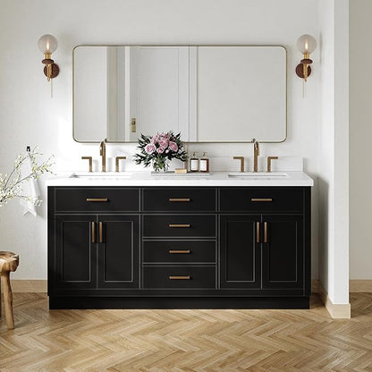 DKB Isabella 72 Inch Bathroom Vanity Double Sink — Black Bathroom Vanity with Sink, 1.5" Edge Pure White Quartz Countertop, 4 Soft-Close Doors, 4 Dovetail Drawers, and 2 Tilt Drawers