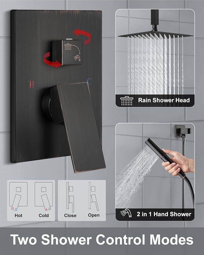 Aolemi Shower System with Rain Head and Handheld,10-Inch,Oil Rubbed Bronze | High-Pressure Shower Faucet Set with Dual-Function Handheld,Rough-In Valve,1.8 GPM,Ceiling Mount Trim Kit