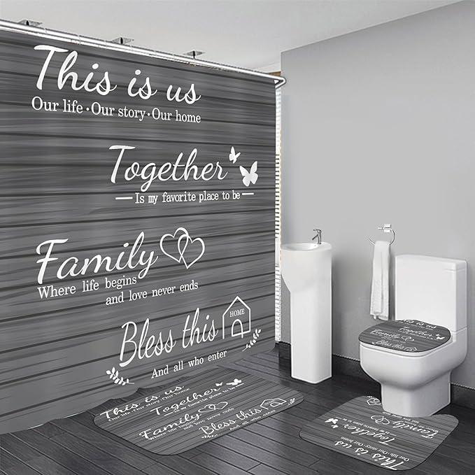 AZHM Family Shower Curtain Set Gray Home Bathroom Set with Shower Curtain and Rugs and Accessories Bathroom Decor Curtain with 12 Hooks