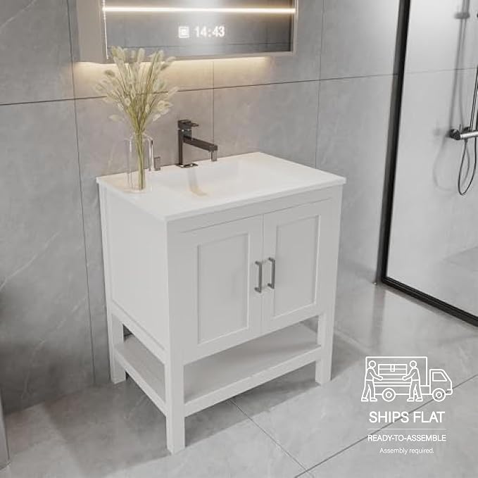 36" White Bathroom Vanity Base Only – Freestanding Solid Wood Sink Cabinet with Open Shelf Storage, Shaker Style Bath Vanity Cabinet, No Top, 36" W x 21" D x 34.5" H