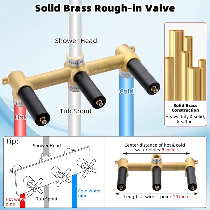 3 Handle Tub Shower Faucet Matte Black Shower Tub Faucet Set | 3 Knob Bathtub Shower Faucets Sets Complete for Bathroom Shower Trim Kit with Rough-in Valve