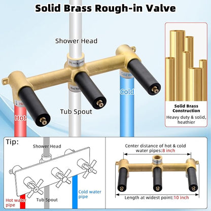 3 Handle Tub Shower Faucet Matte Black Shower Tub Faucet Set | 3 Knob Bathtub Shower Faucets Sets Complete for Bathroom Shower Trim Kit with Rough-in Valve