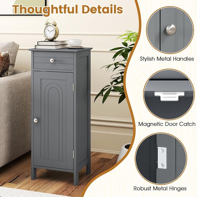 Giantex 34.5" Bathroom Cabinet with Drawer & Single Door (Grey) | Narrow Side Storage Organizer with 6 Shelf Positions, Freestanding Floor Storage Cabinet for Bathroom, Living Room, Entryway