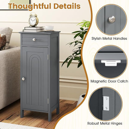 Giantex 34.5" Bathroom Cabinet with Drawer & Single Door (Grey) | Narrow Side Storage Organizer with 6 Shelf Positions, Freestanding Floor Storage Cabinet for Bathroom, Living Room, Entryway