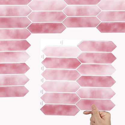 ReWallpaper Pink Peel and Stick Backsplash for Kitchen 12"x12" Waterproof Long Hexagon Tile Removable Marble Look Back Splash Stick on Tiles for Bathroom RV Fireplace Renter Friendly 3-Sheet