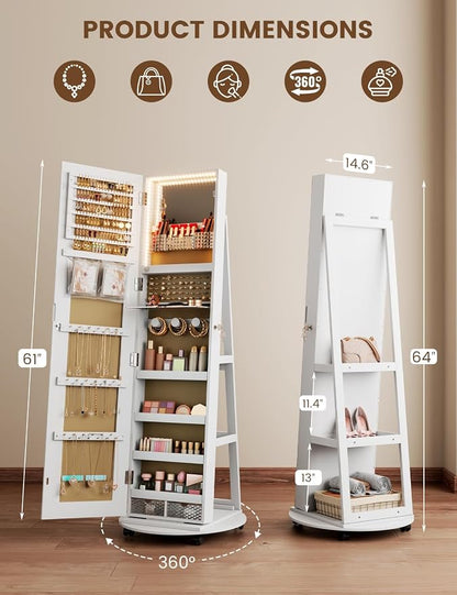 Full Length Jewelry Armoire with LED Mirror 360 Rotating White | Full length LED mirror, 3-color light, 360 rotating base, jewelry storage, makeup tray, shelves, drawers