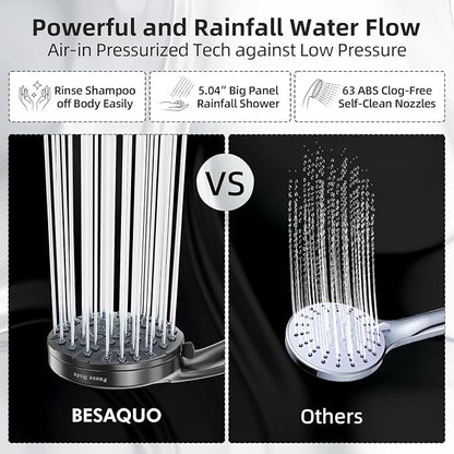 BESAQUO Shower Head, 9 Settings High Pressure shower head with handheld, Built-in Pause Mode & Power Wash, Non-Clogging Nozzles, 6ft Hose,Bracket (Matte Black)