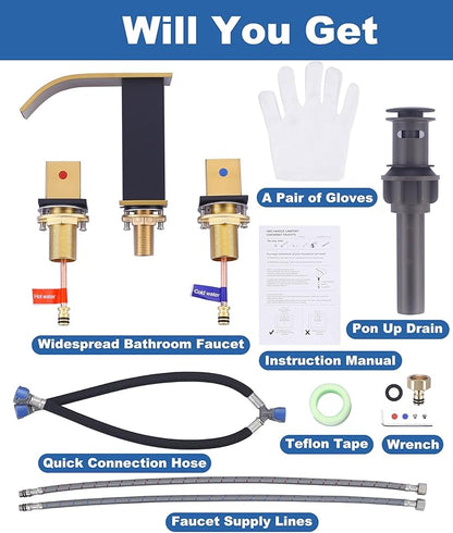 Waterfall Bathroom Faucet Black and Gold: ARCORA Bathroom Faucet 3 Hole, 8 Inch Widespread Bathroom Faucet with Pop Up Drain and Hose