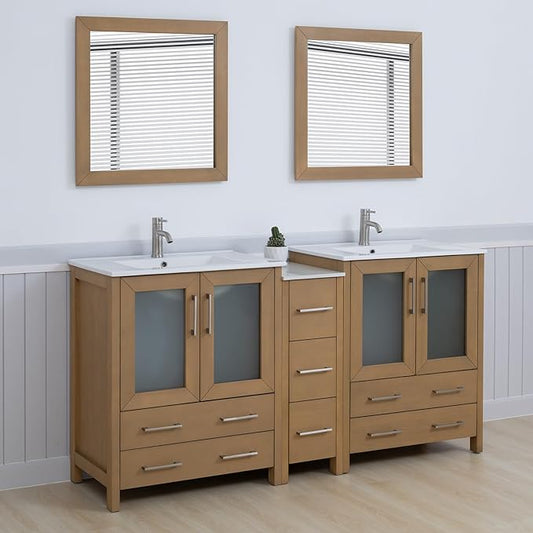 Vanity Art 72 Inch Under Mount Double Sink Bathroom Vanity Cabinet with 2 Mirrors, Ceramic Top Bathroom Cabinet Compact Set with 7 Dovetail Storage Drawers and Brushed Nickel Handles, VA3030-72-NO