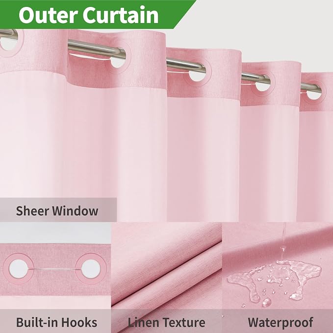 eachope No Hook Linen Texture Shower Curtain with Snap-in Liner,71x86 Pink | Extra Long,230GSM Thick Fabric,Hotel Luxury Decor,Mesh Top Window,Bottom Magnetic,Waterproof & Machine Washable,for Bathroom