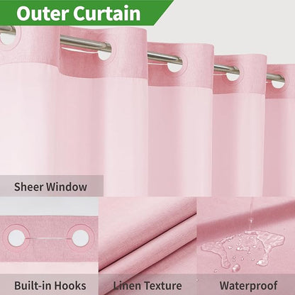 eachope No Hook Linen Texture Shower Curtain with Snap-in Liner,71x74 Pink | 230GSM Thick Fabric,Hotel Luxury Decor,Mesh Top Window,Magnetic Weighted Hem,Waterproof & Machine Washable,for Bathroom