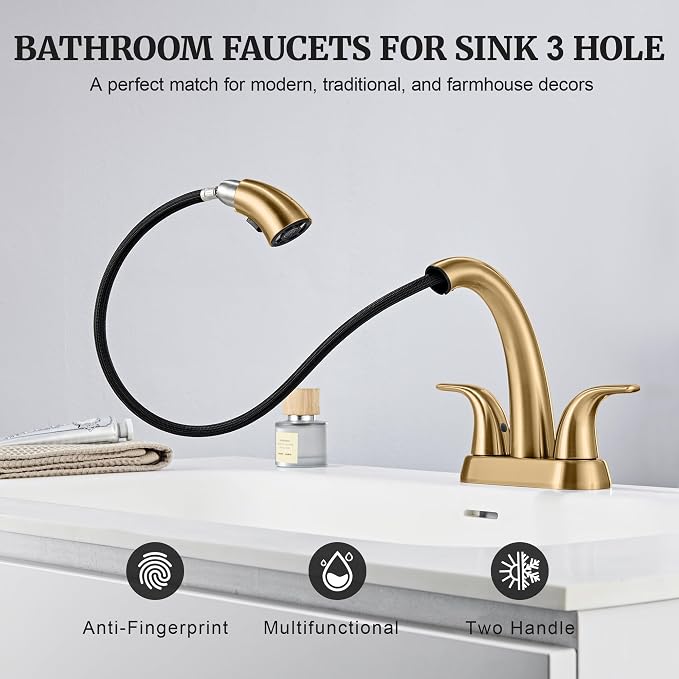 Bathroom Faucet with Sprayer, 4 Inch Champagne Bronze with Pop Up Drain | Ultimate Unicorn Centerset Pull Down Vanity Faucets 3 Hole- Two Handle Modern Washbasin Tap Set for Rv Lavatory Restroom