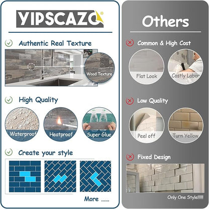 Yipscazo Peel and Stick backsplash 3 x 6 Inches 3D PVC Backsplash Wall Tile, Stick on Backsplash Tile for Kitchen Bathroom, Laundry Room, Fireplace(Light Wood, 32 Pieces)