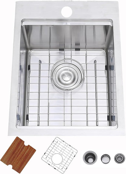 HOTIS Drop In Bar Sink, 15 x 20 Inch Small Kitchen Sink, 304 Stainless Steel Topmount Workstation Sinks, Handmade 16 Gauge Single Bowl Kitchen Sinks with Dish Grid & Drain and Cutting Board