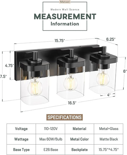 Bathroom Light Fixtures Over Mirror, 3-Light Matte Black Vanity Light with Square Clear Glass Shade, Modern Wall Sconces, Vanity Lighting Fixtures, VL194-MB-3