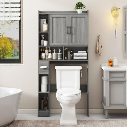 Vabches Farmhouse Over The Toilet Storage Cabinet with Barn Door, Wash Grey | Storage Cabinet Over Toilet, Home Space-Saving Toilet Rack, for Bathroom, Restroom, Laundry