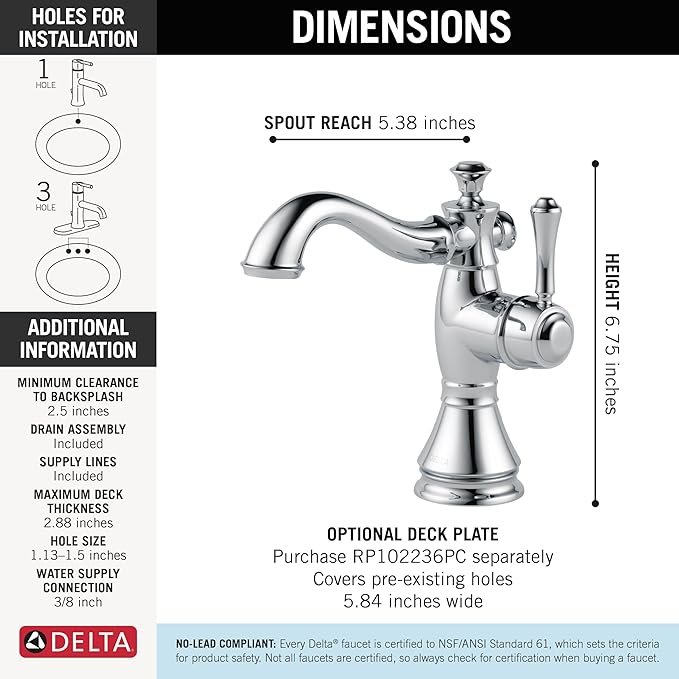 Delta Faucet Cassidy Single Hole Bathroom Faucet, Single Handle Bathroom Faucet Chrome, Bathroom Sink Faucet, Metal Drain Assembly, Chrome 597LF-MPU