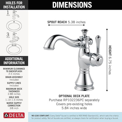 Delta Faucet Cassidy Single Hole Bathroom Faucet, Single Handle Bathroom Faucet Chrome, Bathroom Sink Faucet, Metal Drain Assembly, Chrome 597LF-MPU